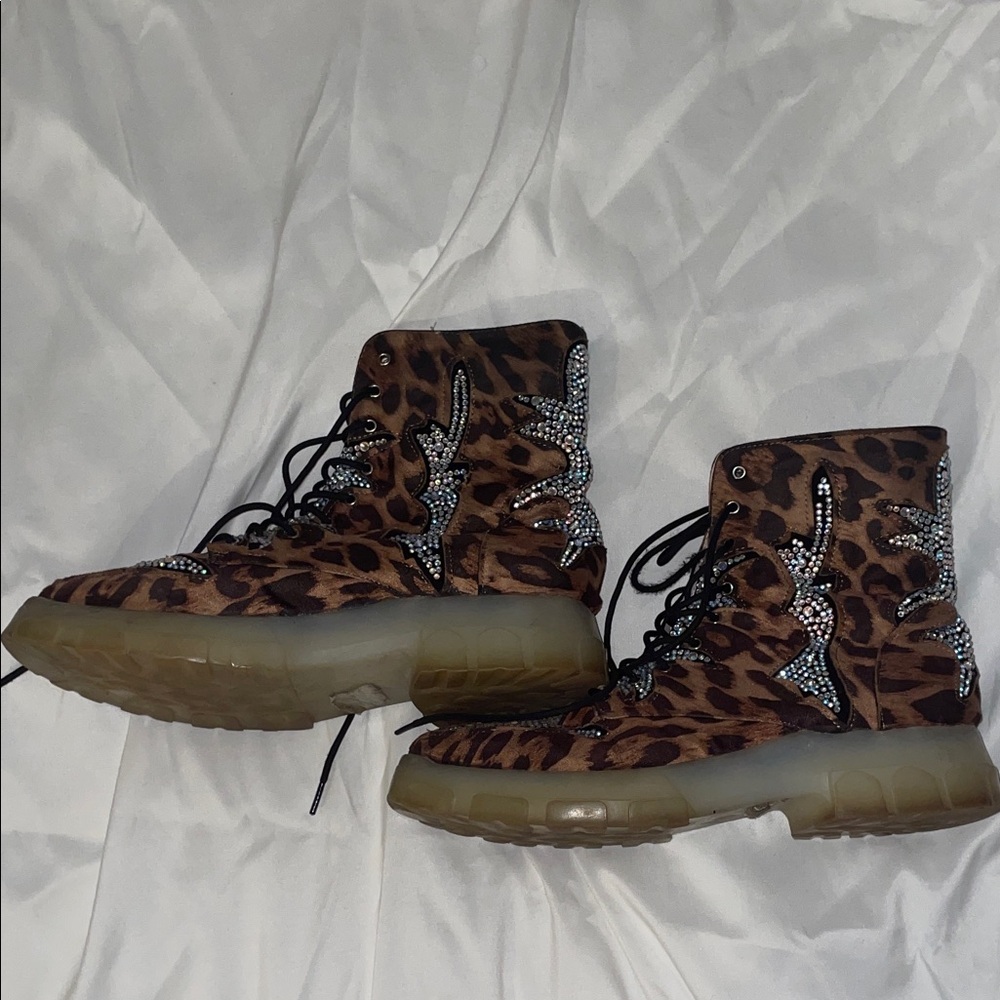 Leopard Print Crystal-Embellished Women's Combat Boots